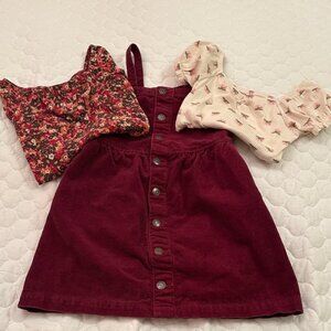 Cat & Jack Maroon Corduroy Dress with two floral tops.